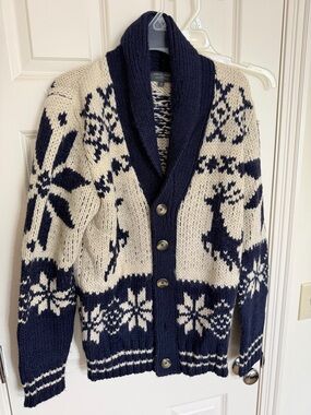 Shawl-Collar Fair Isle Cardigan Sweater in Navy and Cream